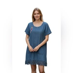 H & J Vintage Embroidered Fringe Bottom Denim Dress with Pockets Large